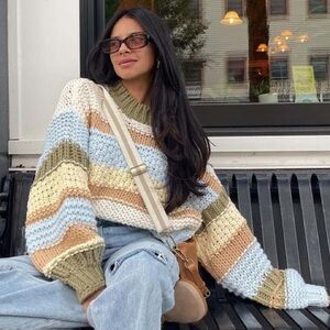 Lumiere Cozy Striped Knit Sweater - Olive, Blue, Cream, and Tan